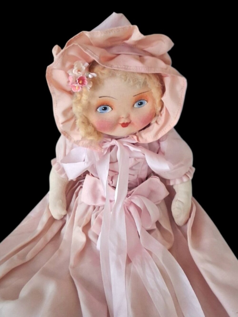 1930s RARE Vintage Cloth Mask Face Pajama Bag Doll Boudoir Mohair Hair Pink Gown